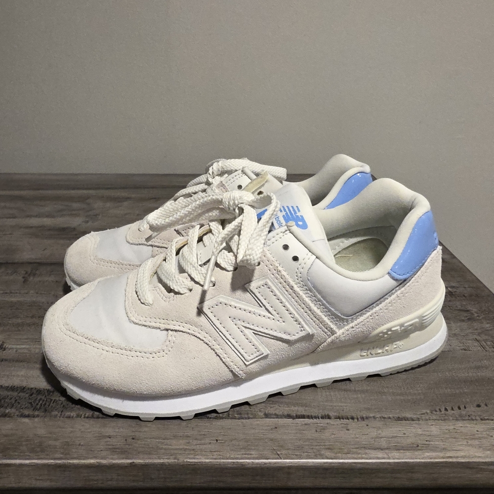 New Balance 574 Classic Sneakers in White with Light Blue Heel